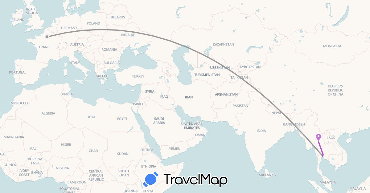 TravelMap itinerary: driving, plane, train in France, Thailand (Asia, Europe)